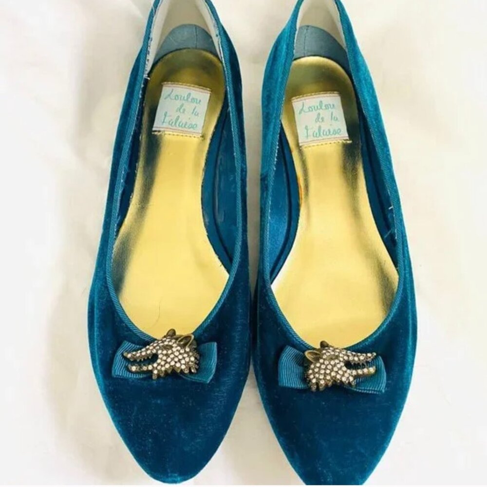 Anthropologie Loulou de la Falaise Blue Velvet Flats Rhinestone Foxes Size 10